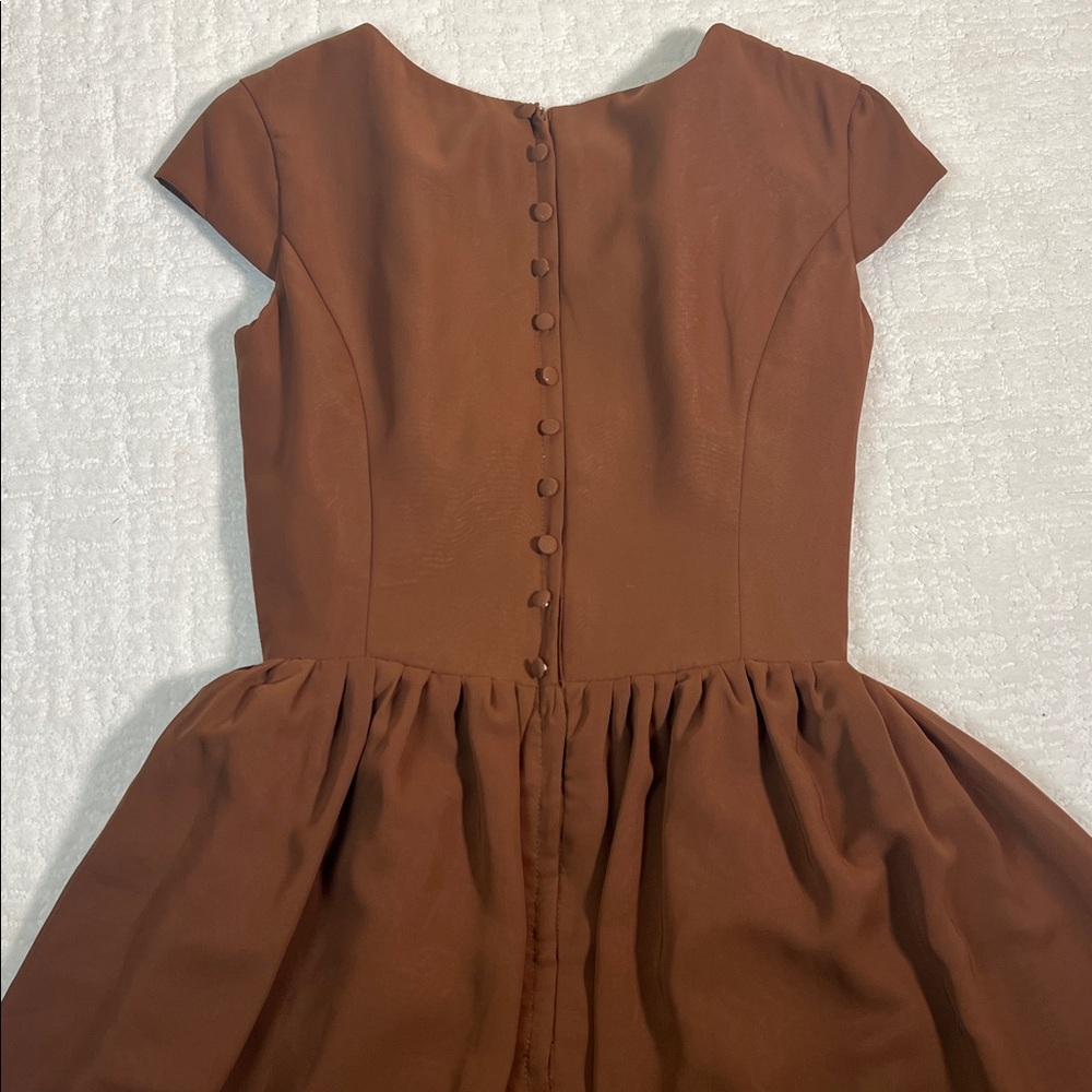 Vintage Dress First brown flare layered short cap sleeves covered buttons retro - Picture 4 of 12